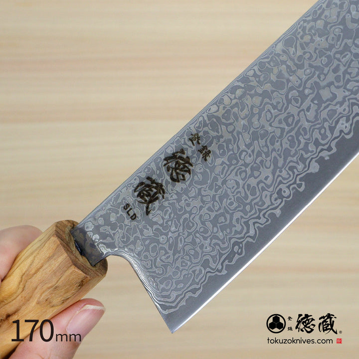 Die Steel SLD Black Oxde Finish Kiritsuke Santoku Knife Damascus Steel Olive Wood Handle