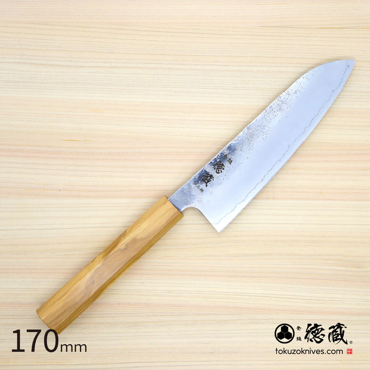 Stainless Silver Steel No. 3 Santoku Knife Pearskin Finish Olive Wood Handle