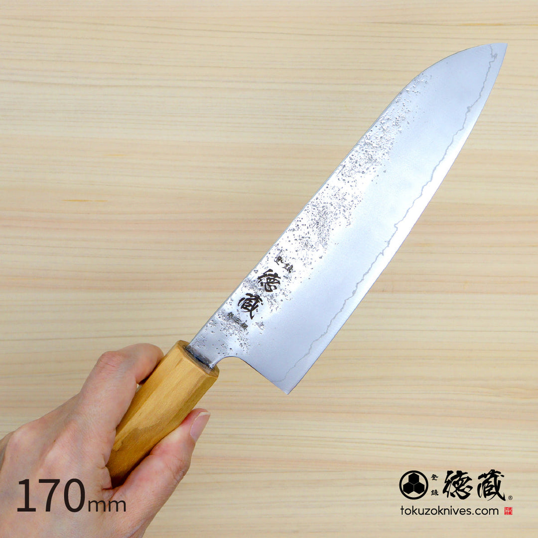 Stainless Silver Steel No. 3 Santoku Knife Pearskin Finish Olive Wood Handle