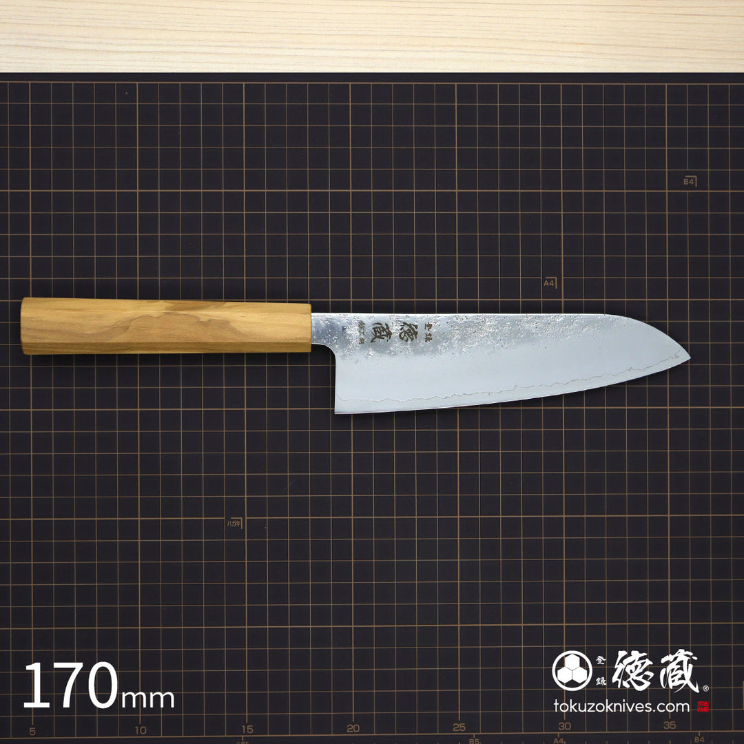 Stainless Silver Steel No. 3 Santoku Knife Pearskin Finish Olive Wood Handle