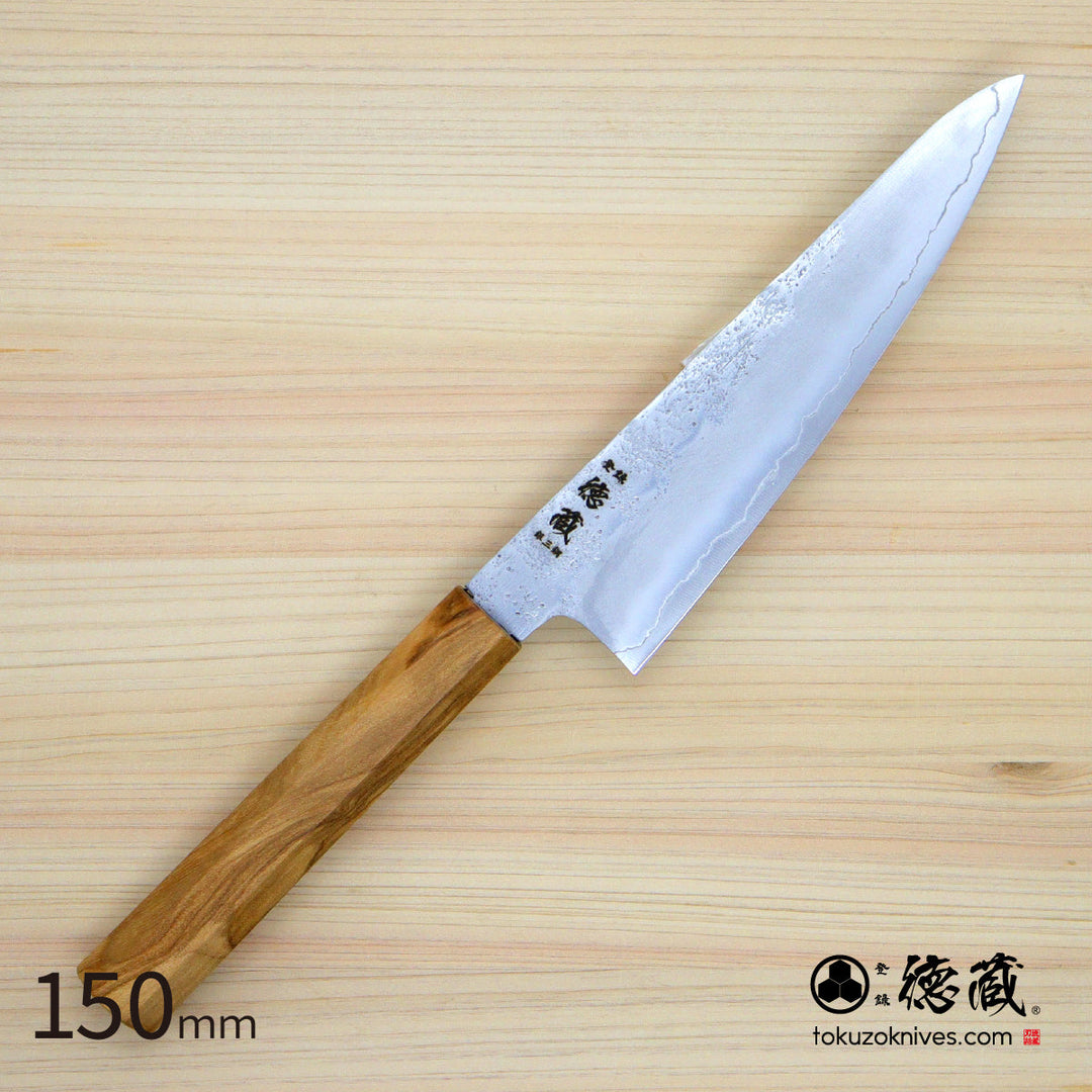Stainless Silver Steel No. 3 Small Santoku Knife Pearskin Finish Olive Wood Handle