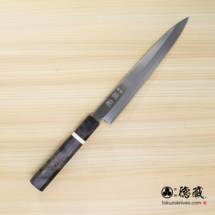 Stainless Silver Steel No. 3 Yanagiba Knife Stabilized Wood Octagonal Handle with White Ring