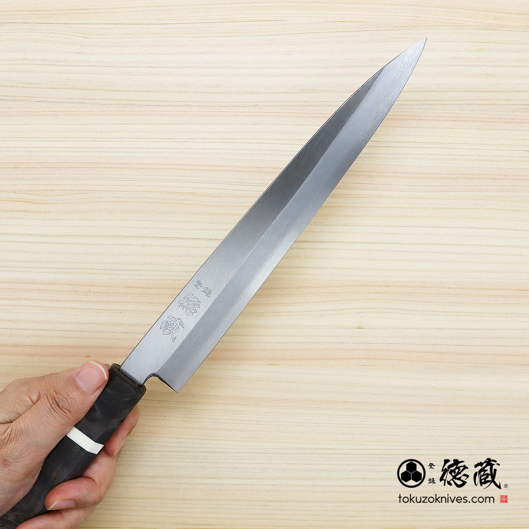 Stainless Silver Steel No. 3 Yanagiba Knife Stabilized Wood Octagonal Handle with White Ring