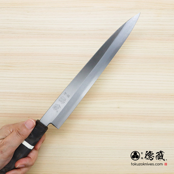 Stainless Silver Steel No. 3 Yanagiba Knife Stabilized Wood Octagonal Handle with White Ring