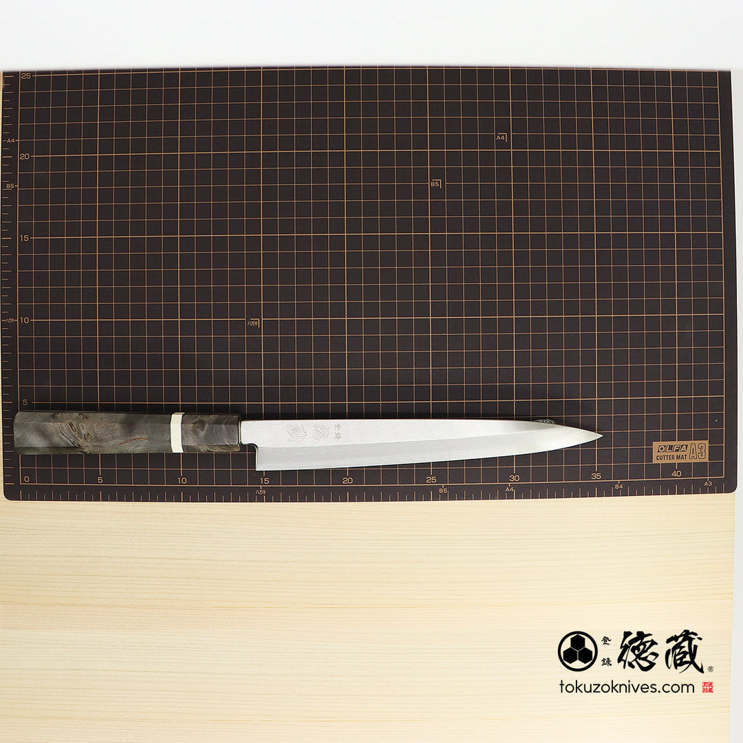 Stainless Silver Steel No. 3 Yanagiba Knife Stabilized Wood Octagonal Handle with White Ring