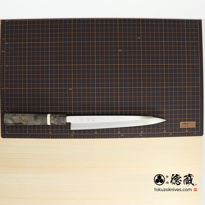 Stainless Silver Steel No. 3 Yanagiba Knife Stabilized Wood Octagonal Handle with White Ring