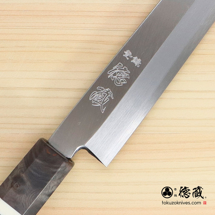 Stainless Silver Steel No. 3 Yanagiba Knife Stabilized Wood Octagonal Handle with White Ring