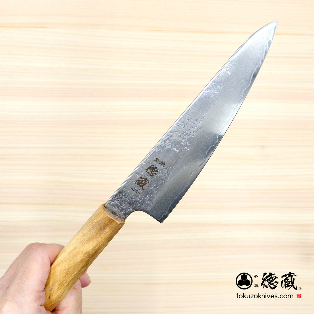 AUS8 Pearskin Finish Stainless Clad Santoku Knife Olive Wood Handle