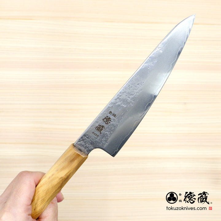 AUS8 Pearskin Finish Stainless Clad Santoku Knife Olive Wood Handle