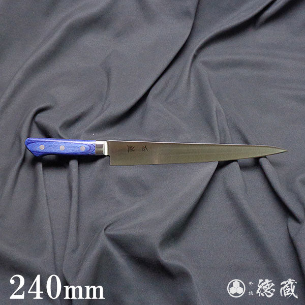 Stainless AUS8 Polished Finish Sujibiki Knife (Muscle Knife) Blue Handle