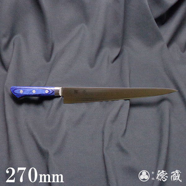 Stainless AUS8 Polished Finish Sujibiki Knife (Muscle Knife) Blue Handle