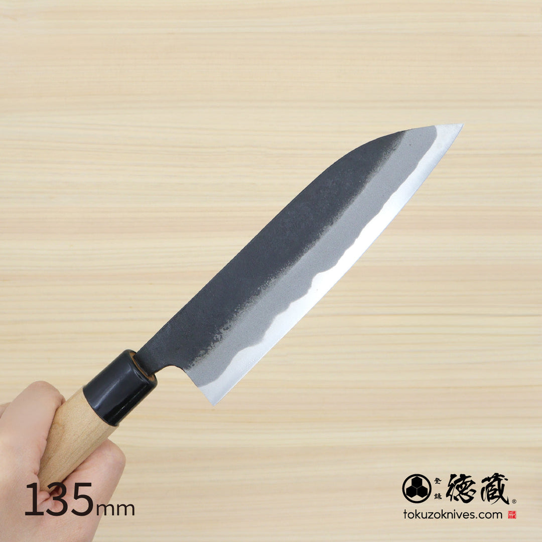 Tokuzo　Carbon White Steel No. 2　Black Finish　Santoku Knife　Sakura Handle